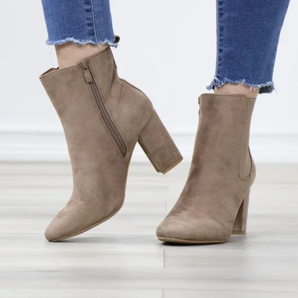 Taupe Suede Chelsea Round Toe Block High Heel Above Ankle Boots - Picture 11 of 12